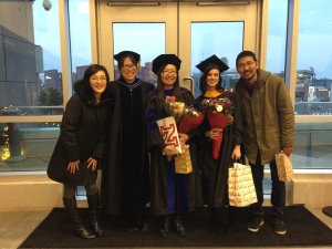 Ellen Peng and Jennifer Francis at Commencement Dec 2014, with Dr. Lily Wang, Joonhee Lee, and Jahae Ri.