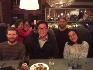 Celebrating Hyun Hong’s (center) successful PhD defense at Pitch Pizzeria in Omaha
