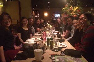 Celebrating Joonhee Lee'’s (3rd from right) successful PhD defense at Bonefish Grill